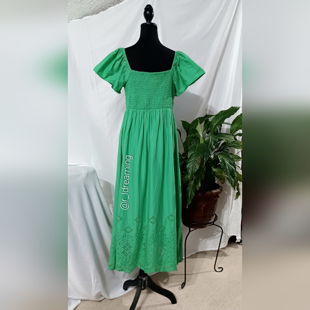 NWT Loft Green Eyelet Midi Dress with Smocked Bodice Size Medium - Picture 6 of 8